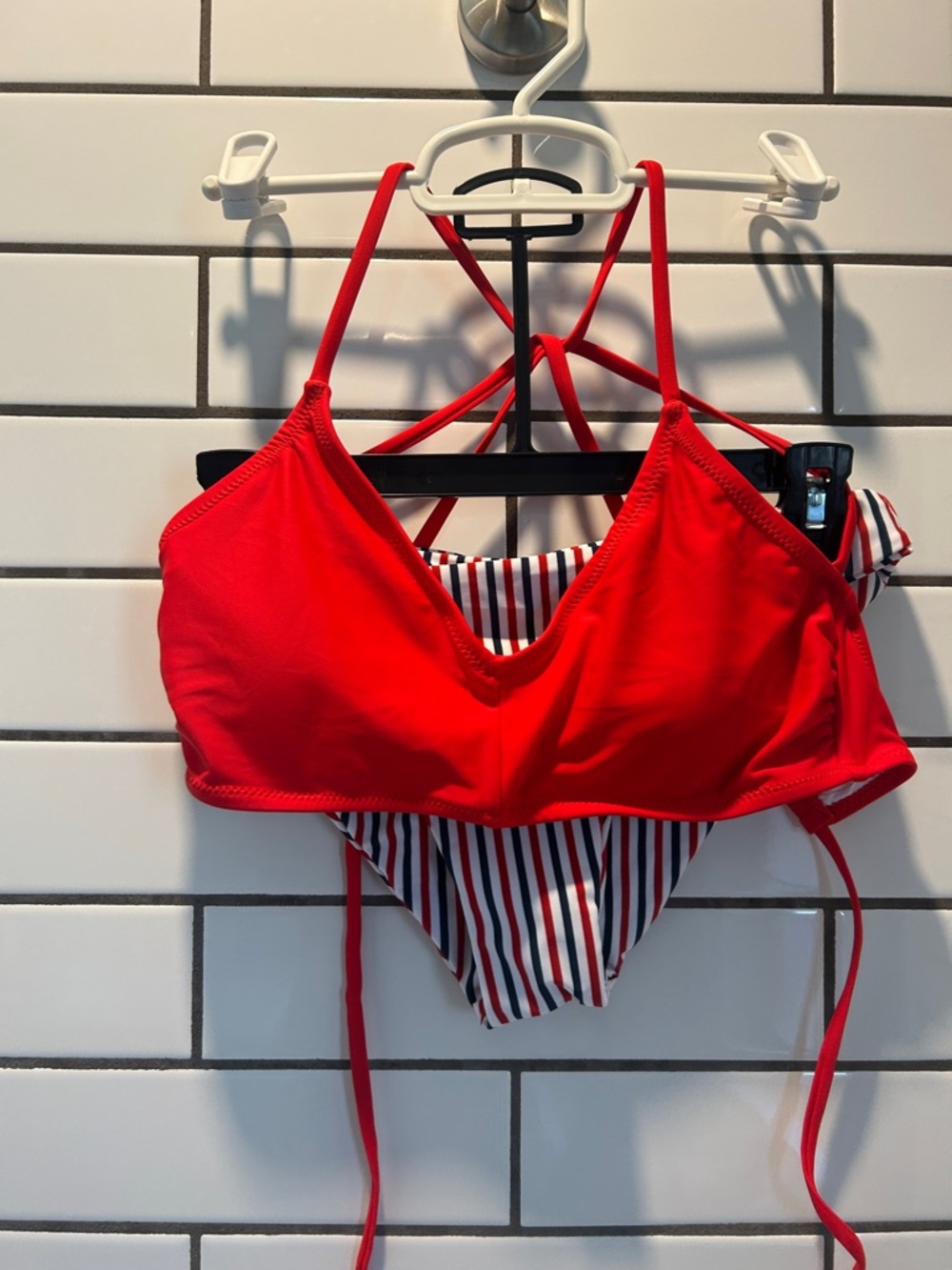 Cupshe Red Strappy Bikini Top with Navy & White Striped Bottom